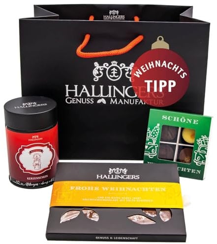 Hallingers Frohe Weihnachten - Klein No. 01 - Weihnachtliches Geschenk-Set mit Tee, Schokolade & Pralinen als Geschenkkorb zur Weihnacht (Set) - Geschenkideen Weihnachten & Geschenke Adventskalender |