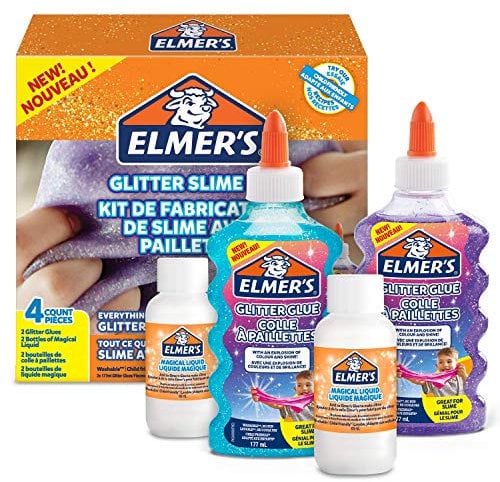 Elmer’s kit pour slime pailleté | avec colles pailletées bleue et violette + 2 flacons le liquide magique activeur pour slime | lot de 4