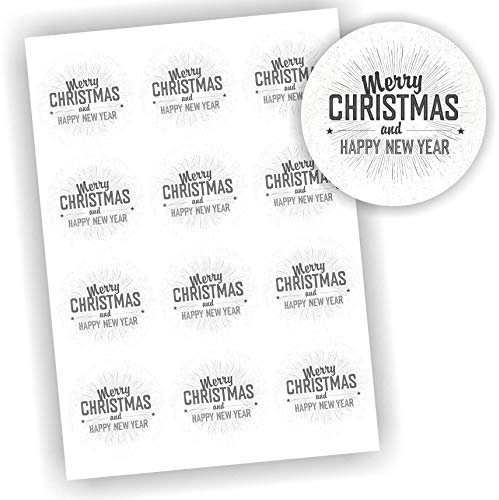 12 Aufkleber Weiß rund Merry Christmas And Happy New Year Durchmesser ca. 60mm Etikett Fest Geschenk Geschenkaufkleber DIY