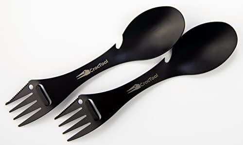 CrocTool Spork -Set di utensili da campeggio 5in1,ultra leggero e resistente, 5in1,forchetta, coltello,pelapottiglie, apribottiglie, borsa+custodia per il trasporto, ideale per esterni, casa o ufficio
