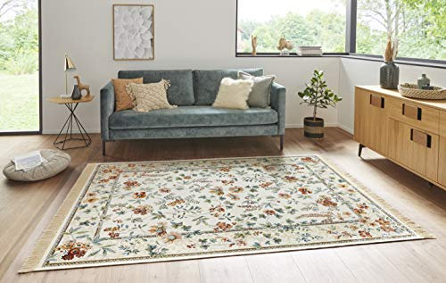 Nouristan Naveh Orient Teppich – Wohnzimmerteppich Orientalisch Kurzflor mit Fransen Vintage Orientalischer Samt-Teppich für Esszimmer, Wohnzimmer, Schlafzimmer – Creme, 195x300cm