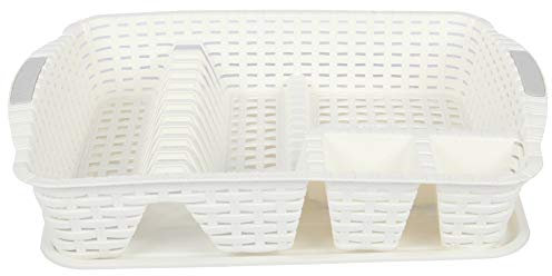 Dish Drainer Rack with Drip Tray. Rattan Style Plastic Plate Cutlery Holder Rack. (White)