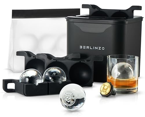 Berlinzo Moule à glaçons transparent de qualité supérieure – 4 grands carrés de glace transparents de 5,3 cm pour whisky et cocktails – Moule à glaçons facile à enlever – Sac de rangement et inserts