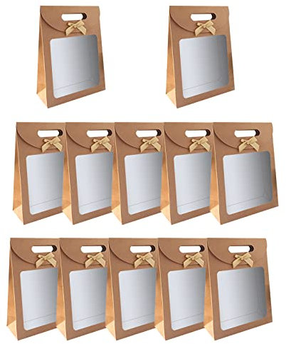 12 Pièces Sac Papier Kraft,Sac Cadeau avec Poignée,Sac Cadeau avec Fenêtre, pour Emballer des Cadeaux de Banquet, des Bonbons, des Biscuits