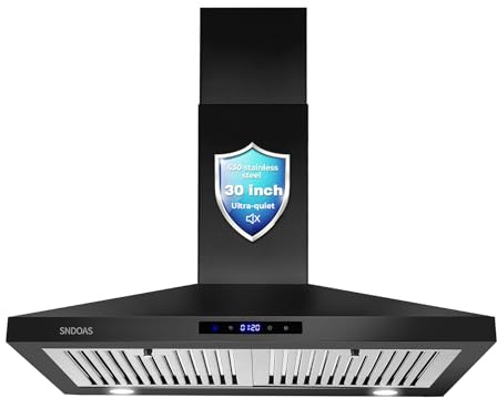 SNDOAS Black Range Hood 30 Inch,Stainless Steel Wall Mounted Kitchen Hood with Touch Controls, Ducted/Ductless Convertible,Chimney-Style Stove Hood Vent for Kitchen,Baffle Filters,Black Painted Finish