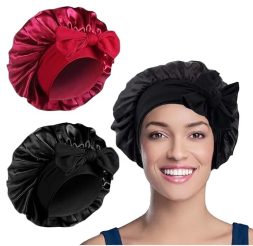 WUBAYI 2PCS Satin Bonnet, Silk Bonnet Hair Wrap for Sleeping, Hair Bonnet for Bath, Tie Band for Women Long Curly Braid Hair (Black, Red)