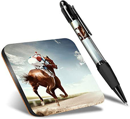 DV DESIGN 1 x Eco Square Coaster & 1 Pen Set - Horse Racing Equestrian Jockey Drink Cup Mug Glass Table Protection Mat #13263