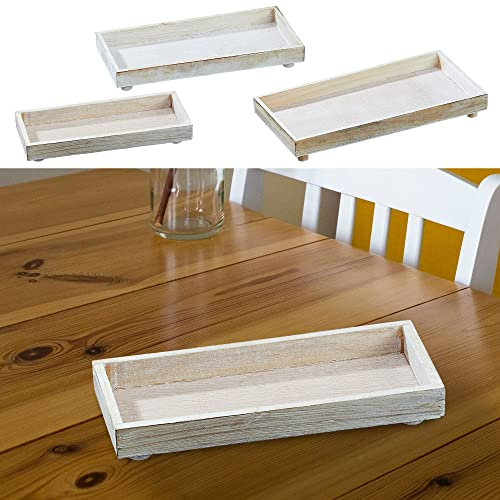 Deko Untersetzer 3er Set │ Holz 3 Größen rechteckig Creme │ ShabbyChic antik Holzplatte Tablett (1 x 3er Set Untersetzer rechteckig Creme)