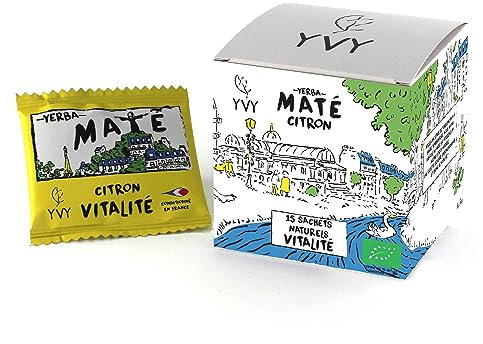 YVY MATÉ Yerba Mate Bio Citron | Format pratique 15 sachets de thé maté naturels | Maté Bio Non Fumé, Sans Tige, Sans Poussière | Mélange de Rooibos, de Citron et de Maté Vert