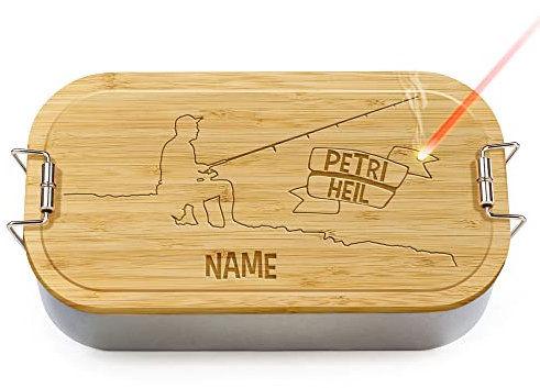 Brotdose mit Gravur selbst gestalten - Petri Heil - mit Name personalisieren - Geschenke für Angler, Fischer und Fans vom Angelsport - Lunchbox, Holzdeckel, BPA-frei, 600 ml