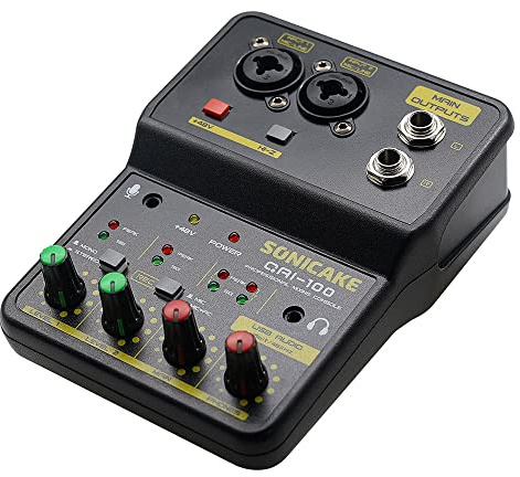 SONICAKE Mixing Console Mini Audio Mixer Sound 2 Channel with Sound Card USB 48V Phantom Power Compact Sound For PC Recording/DJ Studio/Music Recording