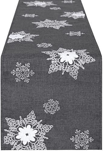 Grelucgo Handtuch-Tischläufer, bestickt, Silber und Weiß, Schneeflocken, für Weihnachten und Winter (35,6 x 137,2 cm)