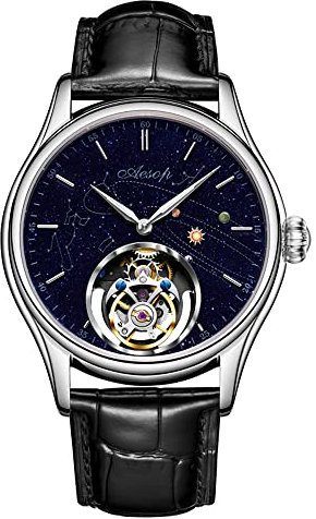 Aesop Tourbillon Uhren Mechanische Herrenuhren Skeleton Tourbillon Uhrwerk Handaufzug Analoge Armbanduhren Blauer Sandstein Sternenhimmel Zifferblatt Saphir Business Luxusuhr 7049(Silber)