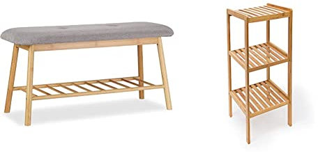 Relaxdays Schuhbank Bambus für 2 Personen, Natur-grau, 34 x 90 x 44 cm & Badregal Bambus mit 3 Ablagen HBT: 79 x 33 x 33 cm Schickes Standregal aus natürlichem Holz Bambusregal, Natur