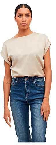 Vila Viellette S/S Satin Top/su-Noos T-Shirt, Cement, 48 Donna