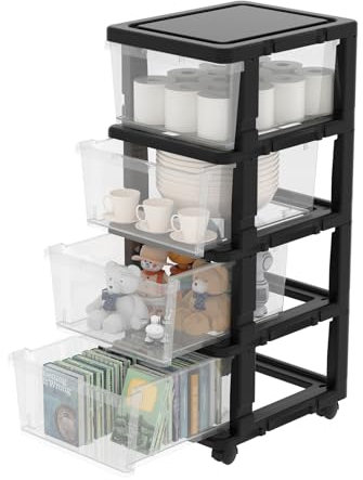 Cetomo Plastic Storage Drawers Unit, Storage Drawer on Locking Wheels, Tower with Interlocking Hooks for Home Office Closet Bedroom Dorm, Detachable, Free Combination, Clear and Black, 4 Drawers