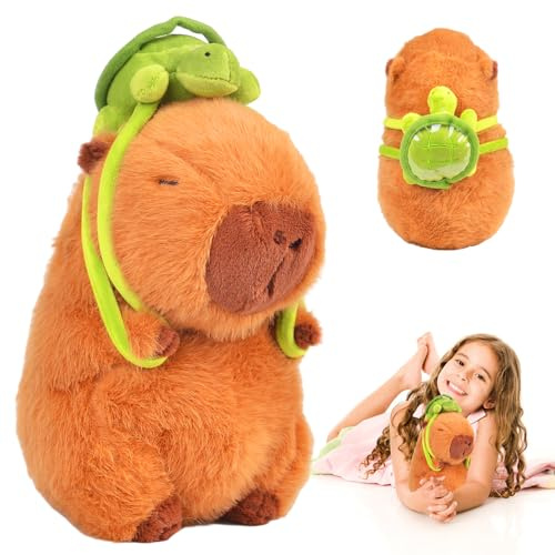 Pipihome Capybara Kuscheltier 23cm, Capybara Plüschtier mit Schildkrötenrucksack für Kinder, Stofftier Geschenk, Plush Für Mädchen Jungen
