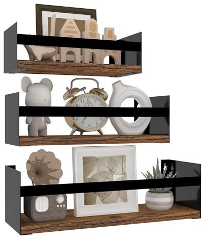 RLAVBL Estantes de Pared, Juego de 3, Estantes de Pared Flotantes de Madera y Metal, Negros, para el la Cocina, el Baño, la Sala de Estar y la Oficina.