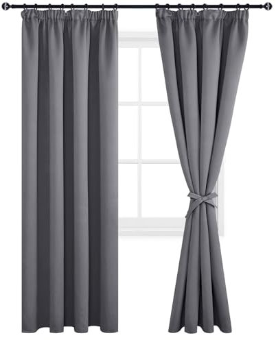 DWCN Vorhang Blickdicht mit Kräuselband Verdunkelungsgardinen 2 Stücke Wärmeisolierend Thermovorhang für Schlafzimmer,Wohnzimmer,Grau,228x228cm (Höhe x Breite)