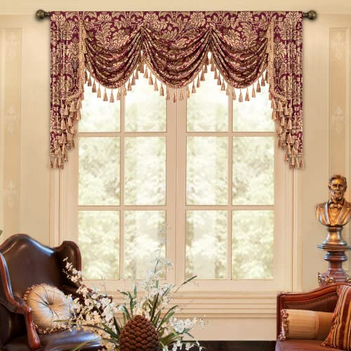 TOPLUXE Swag Volant Vorhang für Schlafzimmer Esszimmer Wohnzimmer Küche, Damast Kurzstore Waterfall Volant-Vorhang für Fenster 1 Stück (200cm, Rot)