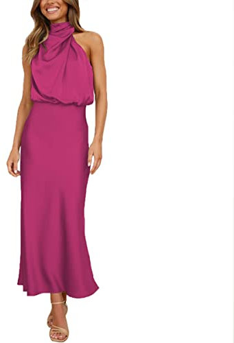 Daysskk Robe Rouge Rose Femme Soirée sans Manche Robe Satin Femme Longue Robe Femme Chic et Elégant Été Robe de Soirée Femme Longue Élégante Robe Cérémonie Femme S
