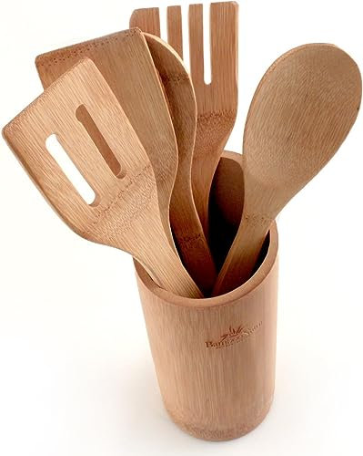 FranquiHOgar BAMBOONATUR 5 Herramientas Set Utensilios Cocina DE Madera DE BAMBÚ Y Bote Organizador CUCHARON Accesorios Cosas MENAJE ESPATULA Kitchen Gadgets