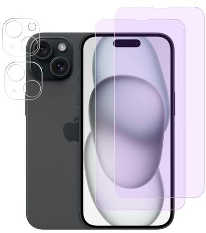 FiiMoo Schutzfolie Kompatibel mit iPhone 15 Plus, Anti Blaulicht Schutzfolie + Kamera Schutzfolie [2+2 Stück] [Augenpflege] [Blasenfreie] [Blockiert übermäßiges Schädliches Blaues Licht & UV]