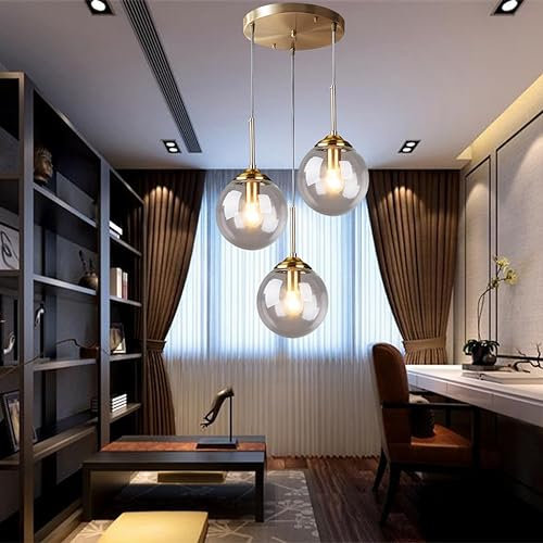 Hängelampe industrielle Vintage Pendellampe Treppen 3-flammige Pendelleuchte helles Metall mit Glaskugel Lampenschirm Retro Decken Hängeleuchten Esszimmer Küche Insel Kronleuchter (Color : Clear)