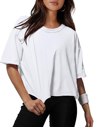 White Crop Tops Women's Summer Short Sleeve Drop Shoulder Cotton T-Shirts Workout Oversized Tops M