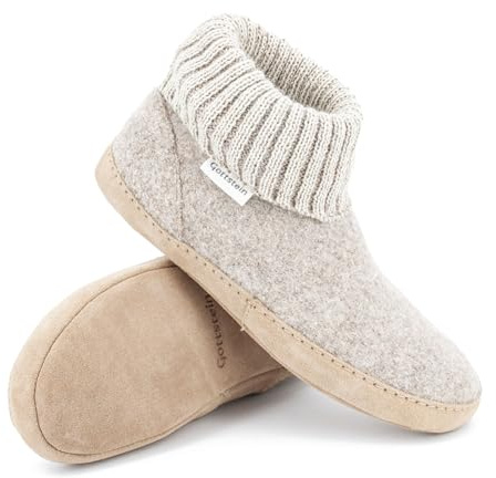 Gottstein Hüttenschuh Dakota aus Mulesing-freier Schaf-Schurwolle – Handgefertigte Hausschuhe aus Wollfilz für Damen & Herren Größe EU 36-47 – Mit hohem Strickbund & gepolsterter Ledersohle