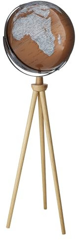 TROIKA Standglobus Ø 43 cm, SPUTNIK Globus auf echtem Eichholz-gestell, Höhe 1,40m, Globus drehbar auf 2 verchromten beweglichen Achsen, Karte mit bronzener silberner Farbgebung und Relief