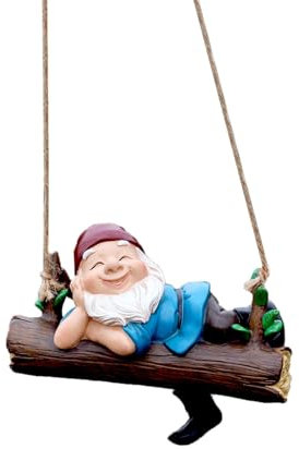 F Fityle Hängende Zwergfigur, Gnom auf Einer Schaukel, Gartenstatue, Harzskulptur, Hängemattenzwerg für Veranda, Blumenbeet, Rasen, Familienfreunde