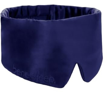 bene-sleep. Handgefertigte Schlafmaske aus reiner Seide mit Seidenfüllung – verstellbare Seidenschlafmaske Männer & Frauen – hypoallergen – atmungsaktive Maulbeerseide – Polyesterfrei (Dunkelblau)