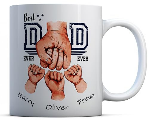 EasyInkPress - Best Dad Ever Personalised Mug, Customised Mug with Name for Dad, Ceramic Coffee Personalised Cup with Kids Names, Daddy Fist Bump Mug Present from Kids, Custom Father's Day Gift