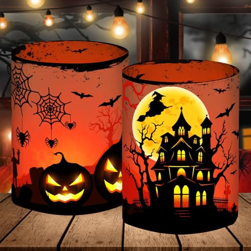12 Windlicht Tischdeko Halloween Deko Tisch, Kürbis/Fledermaus/Hexe/Spinnennetz/Grabstein Halloween Deko Innen, Gruselig Halloween Kinder Geburtstag Party Set, für Teelichter oder Kerzen