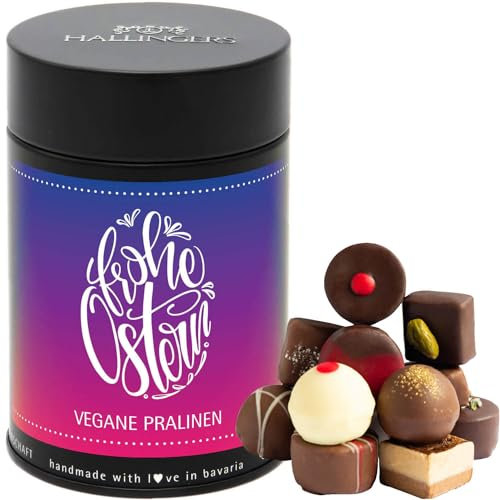 Hallingers Frohe Ostern - Vegane Manufaktur Pralinen Geschenk handmade teils mit Alkohol aus veganer Schokolade (Dose) - Geschenk im Sommer & als perfektes Grillgeschenk | Glückwunsch Glückwünsche Fre