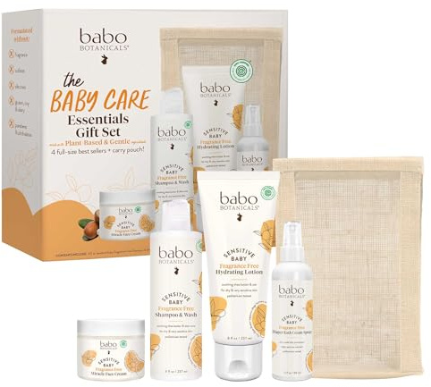 Babo Botanicals Baby Care Essentials Gift Set - Skincare, Bath & Diaper - For Delicate Skin, Fragrance-Free with Shea Butter, Includes Reusable Carry Pouch - Natural & Plant Based - 5 Items Set