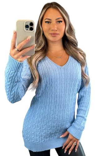 Stylish Doll Long Sleeve V-Neck Knitted Cable Women's Jumper Knitted Sweater Pull Over Jumper Top Knit Warm Winter Everday Chunky Casual Pullover Ladies Plain Tops UK (Sky Blue, 12-14)