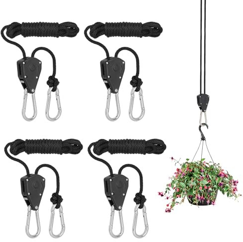 4 Pièces Cliquet à Corde Réglable, Tendeur à Cliquet pour Corde, avec Cordes en Nylon Sangle à Cliquet Réglable, Capacité de Charge de 68 kg par Paire pour Lampes de Culture et Pots de Jardin