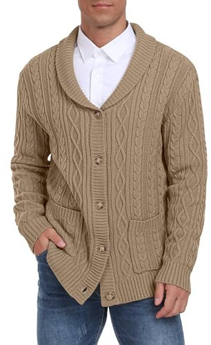 Hisir Mens Cardigans Shawl Knit V-Neck Classic Long Sleeve Casual Cardigan Buttons Sweater with Pockets (Khaki, XL)