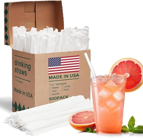 Glotoch Express 500PCS Individually Wrapped Clear Plastic Straws, 7.75'' Long, 0.24'' Diameter Disposable Drinking Straws for Every Occasion, Party, Made in USA