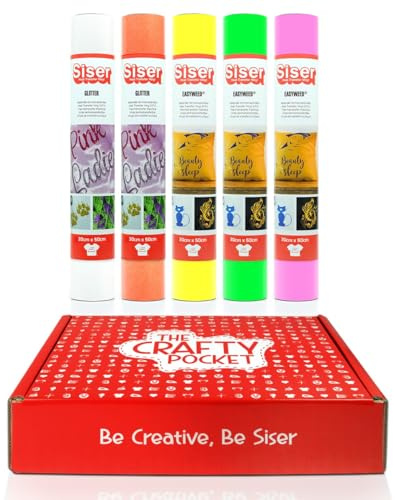 Siser Crafty Pocket Fluo - Thermotransfer-Vinyl zur Personalisierung von Stoffen, für alle Schneideplotter geeignet - Kit enthält 5 Rollen 30 x 50 cm in fluoreszierenden Farben