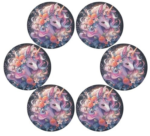 Licorne drôle tendance noir rond toile de jute comprimés plastique imperméables sets de table pour table à manger lot de 6 40 x 40 cm