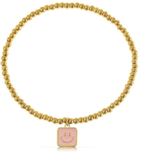 Made by Nami Goldenes Perlenarmband Damen Elastische Freundschaftsarmbänder mit Charms aus Chirurgischem Edelstahl Hypoallergen Wasserfester Schmuck Gold (Smile Face)