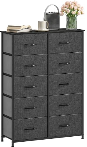 DWVO Kommode mit 10 Schubladen, Schrank aus Stoff mit Griffen, Metallgestell & MDF-Holzplatte, langlebig, für Schlafzimmer & Wohnzimmer,Schwarz Grau
