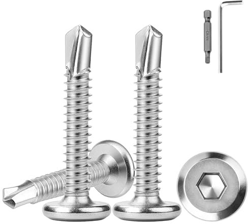 60 viti autofilettanti 410, in acciaio inox 6,3 x 16 mm, a testa piatta, viti a esagono incassato in acciaio inox con punta a esagono incassato, viti per facciate, viti in metallo, colore argento