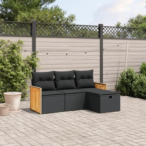 IKAYAA 4-TLG Polyrattan Lounge, Balkon Lounge, Ecklounge, Sofagarnitur Balkon, Balkonmöbel, Eckgarnitur, Gartenmöbel Set inkl.Sitz- und Rückenkissen - Schwarz Type-17