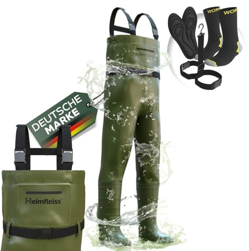 Heimfleiss® Wathose Herren Wasserdicht mit Stiefel (Gr. 43) | Unisex Nylon Anglerhose inkl. Zubehör | rutschfeste Fischerhose zum Angeln oder zur Teichreinigung | Wader Watthose Teichhose Angelhose