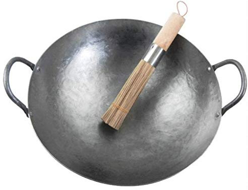 BNCXMO Wok Traditionelles Handhämmerte Kohlenstoffstahl Wok mit und Stahlhelfergriff-43 cm (40 cm)