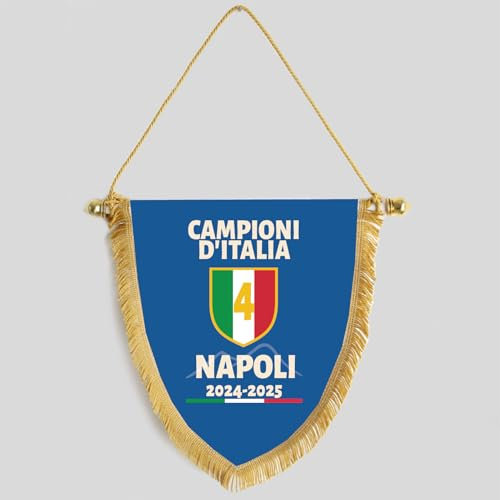 Gagliardetto Celebrativo Napoli 4° Scudetto 2025 Campione D'Italia, Bandiera in tessuto con Frangia Oro 22x25 cm Partenopei per Tifosi Ultras Calcio Sport Napoletani Supporters Calcio